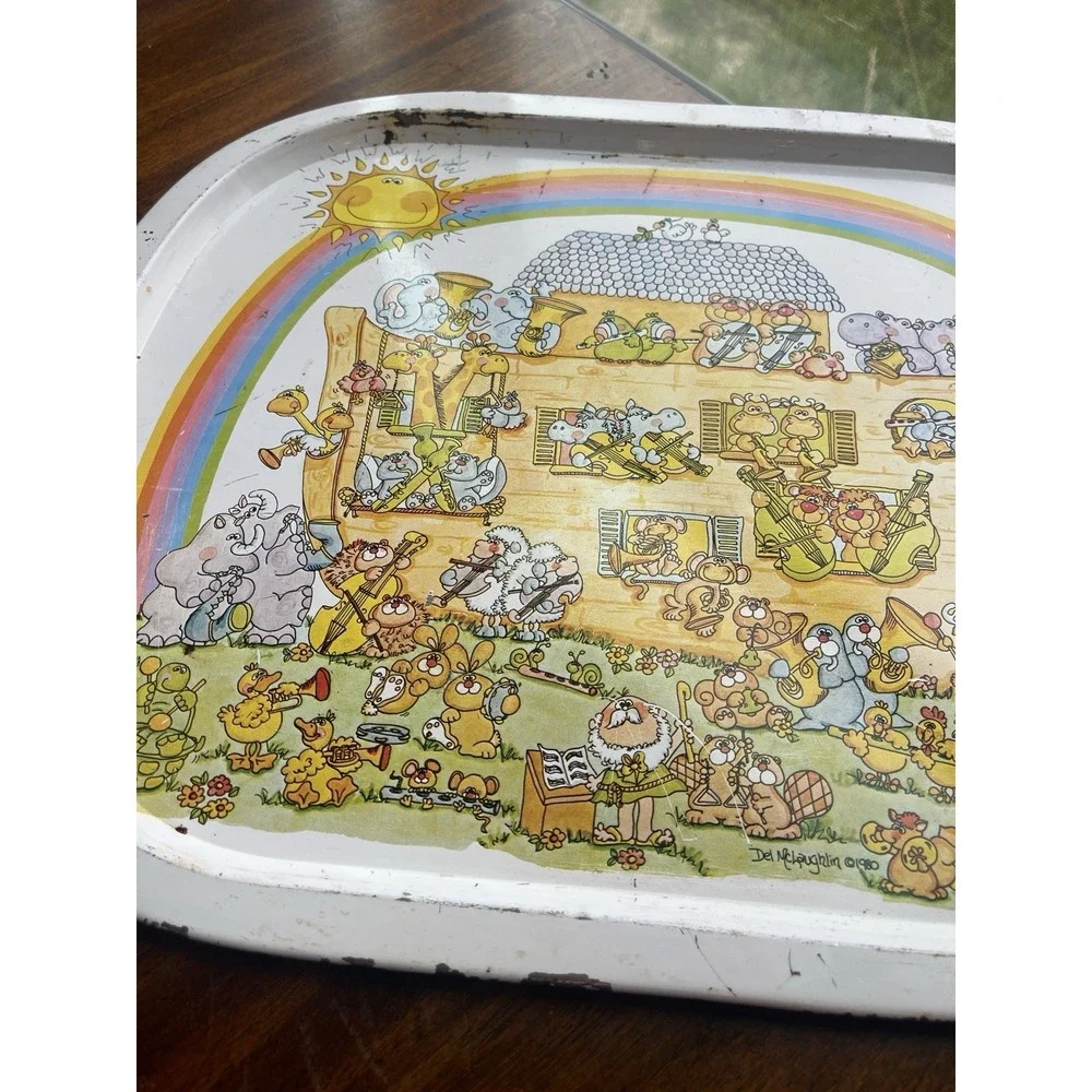 Vintage 1982 Enesco Metal Aluminum Tray Noah's Ark Animals By Twos‎ Rainbow
